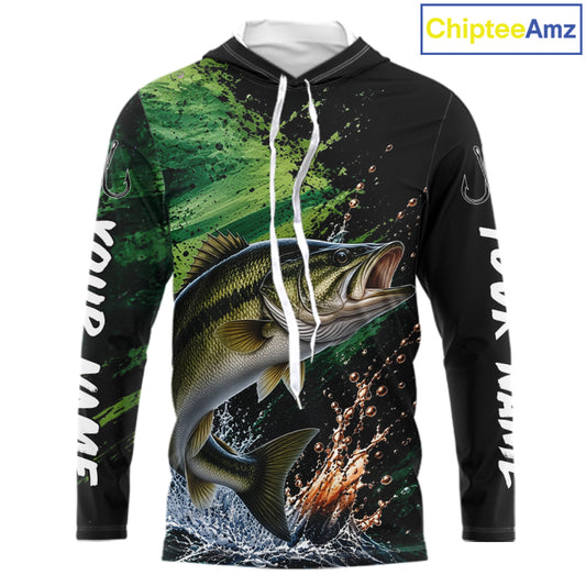Largemouth Bass Fishing Jersey, Bass Fish Long Sleeve Hooded Shirt, Sport Fishing Shirt For Men NHT1538
