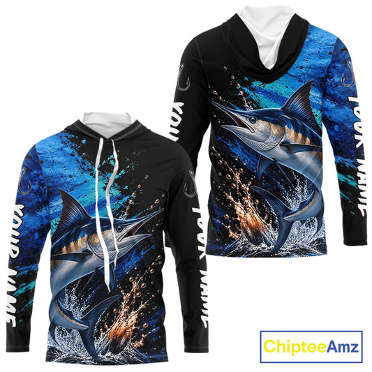 Marlin Fishing Jersey, Marlin Fish Long Sleeve Hooded Shirt, Sport Fishing Shirt For Men NHT1537