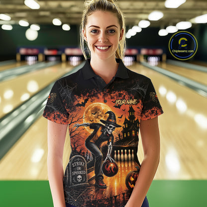 Halloween Bowling Shirt Personalized Name Skull Skeleton Bowling Shirt For Women NHT1377