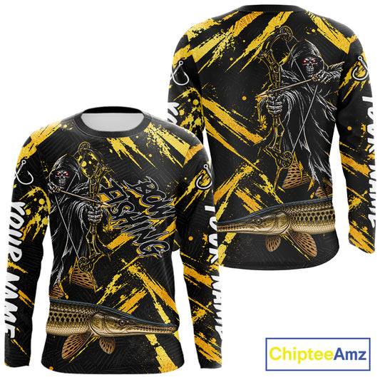 Alligator Gar Fishing Shirts Long Sleeve For Men, Grim Reaper Fishing Apparel, Bowfishing Gift NHT1379