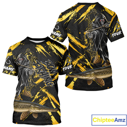 Alligator Gar Fishing Shirts Short Sleeve For Men, Grim Reaper Fishing Apparel, Bowfishing Gift NHT1379