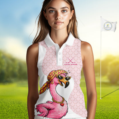White Pink Womens Sleeveless Golf Shirt Flamingo Golf Funny Custom Team Name  Cool Gift For Golfer NHT546