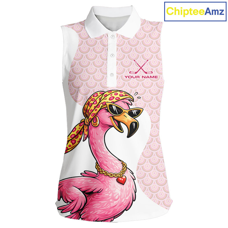 White Pink Womens Sleeveless Golf Shirt Flamingo Golf Funny Custom Team Name  Cool Gift For Golfer NHT546
