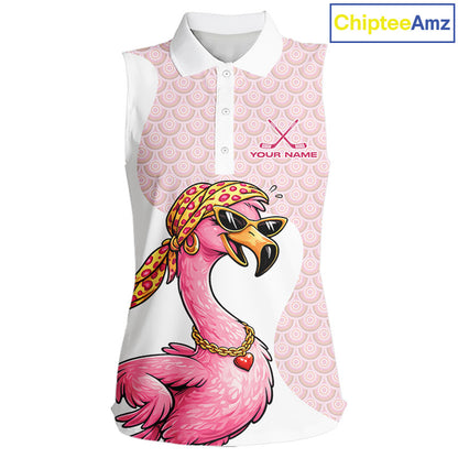 White Pink Womens Sleeveless Golf Shirt Flamingo Golf Funny Custom Team Name  Cool Gift For Golfer NHT546