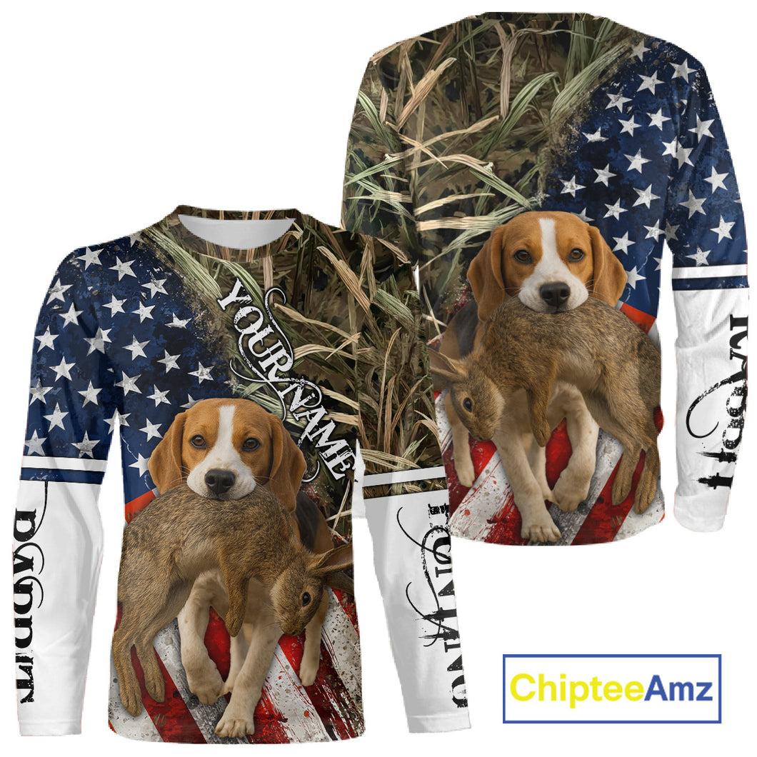 Rabbit Hunting With Beagle 3D US Flag Camo Custom Hunting Shirt, Rabbit Hunting Clothing NHT141
