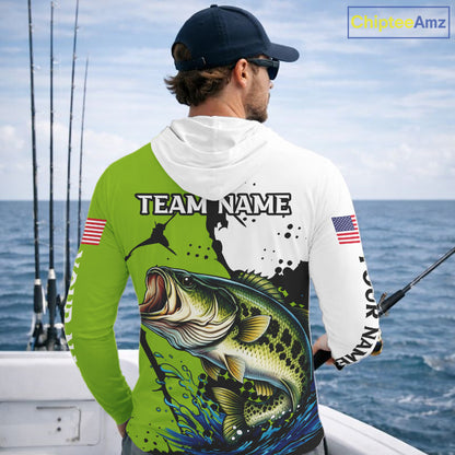Green Camo Largemouth Bass Hooded Fishing Shirts Long Sleeve, Custom Big Bass Fishing Jerseys NHT481