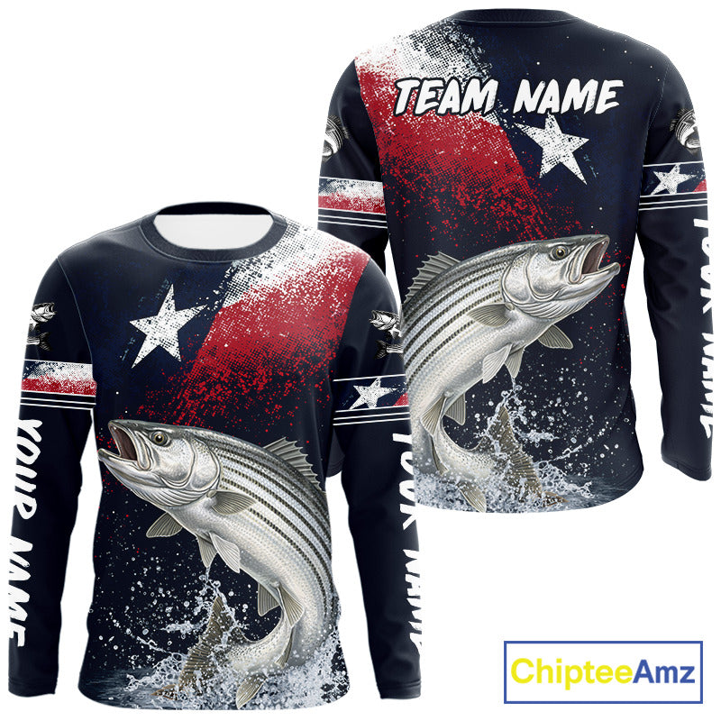 Custom Vintage Striped Bass Long Sleeve Patriotic Fishing Shirt For Men, Bass Texas Flag Fishing Shirt NHT768