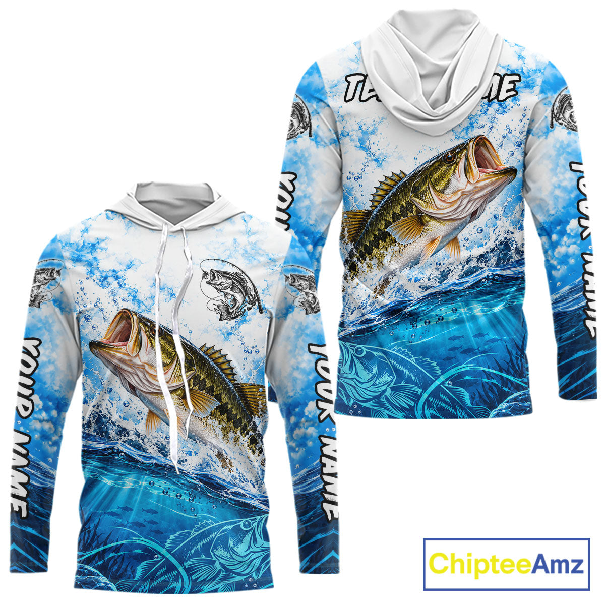 Blue Ocean Water Bass Hooded Fishing Shirt Custom Outdoor Sports Performance Jersey NHT1730