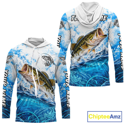 Blue Ocean Water Bass Hooded Fishing Shirt Custom Outdoor Sports Performance Jersey NHT1730