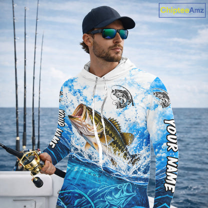 Blue Ocean Water Bass Hooded Fishing Shirt Custom Outdoor Sports Performance Jersey NHT1730