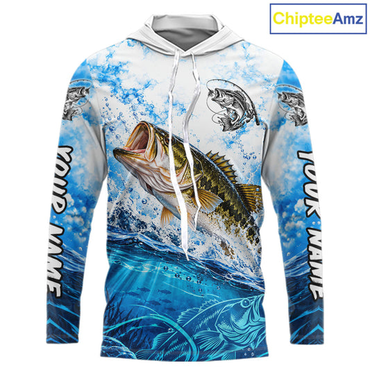 Blue Ocean Water Bass Hooded Fishing Shirt Custom Outdoor Sports Performance Jersey NHT1730