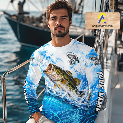 Blue Ocean Water Bass Fishing Shirt Long Sleeve Custom Outdoor Sports Performance Jersey NHT1730