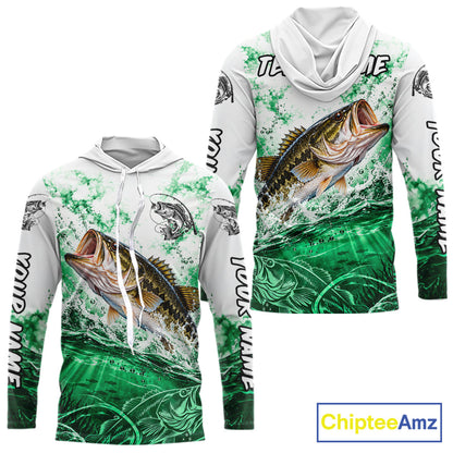 Green Ocean Water Bass Hooded Fishing Shirt Custom Outdoor Sports Performance Jersey NHT1731