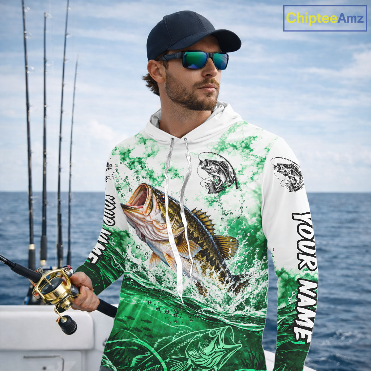 Green Ocean Water Bass Hooded Fishing Shirt Custom Outdoor Sports Performance Jersey NHT1731