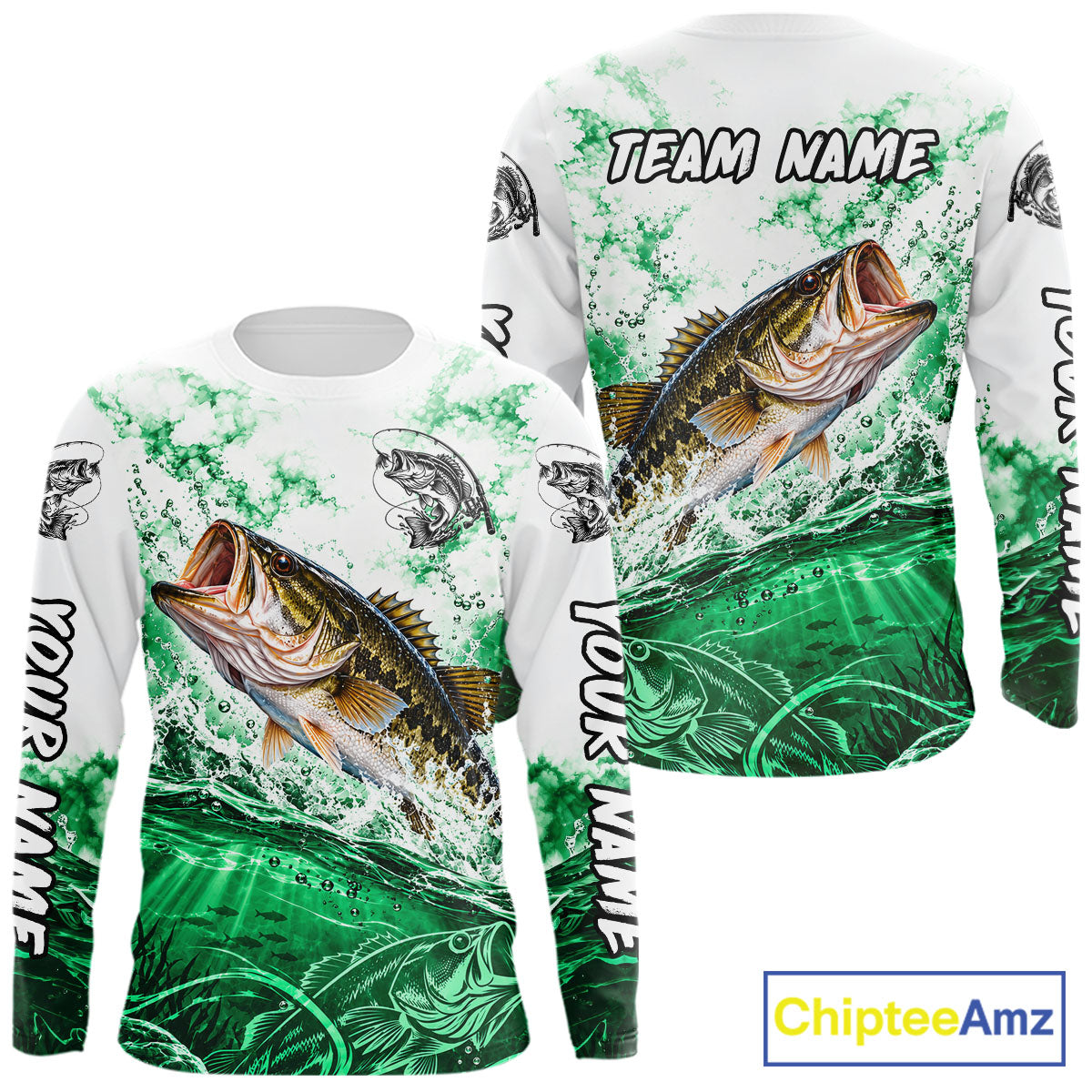 Green Ocean Water Bass Fishing Shirt Long Sleeve Custom Outdoor Sports Performance Jersey NHT1731