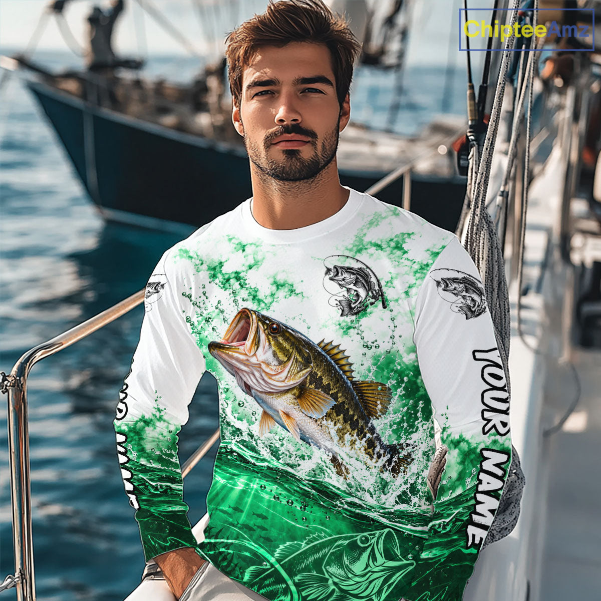 Green Ocean Water Bass Fishing Shirt Long Sleeve Custom Outdoor Sports Performance Jersey NHT1731