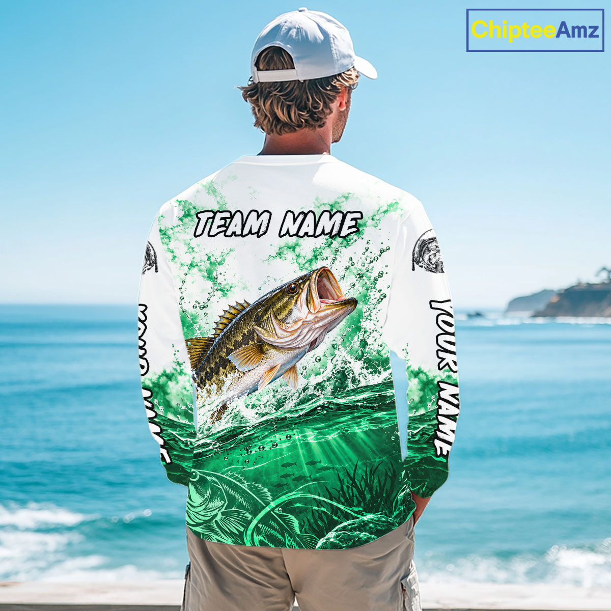 Green Ocean Water Bass Fishing Shirt Long Sleeve Custom Outdoor Sports Performance Jersey NHT1731