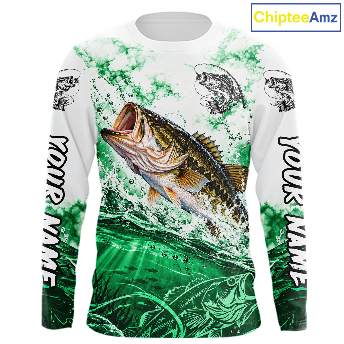 Green Ocean Water Bass Fishing Shirt Long Sleeve Custom Outdoor Sports Performance Jersey NHT1731