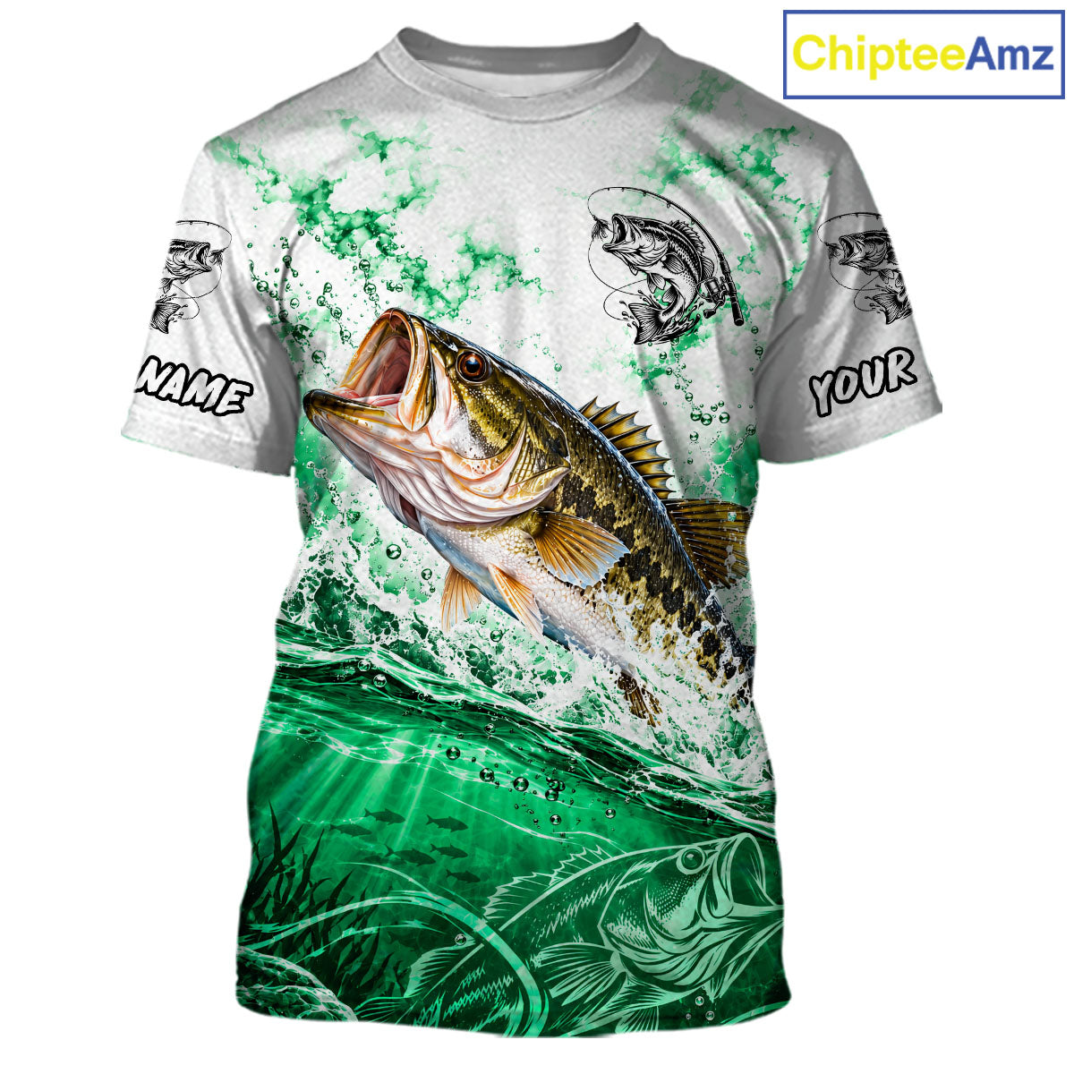 Green Ocean Water Bass Fishing Shirt Short Sleeve Custom Outdoor Sports Performance Jersey NHT1731