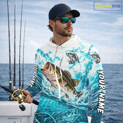 Turquoise Ocean Water Bass Hooded Fishing Shirt Custom Outdoor Sports Performance Jersey NHT1732