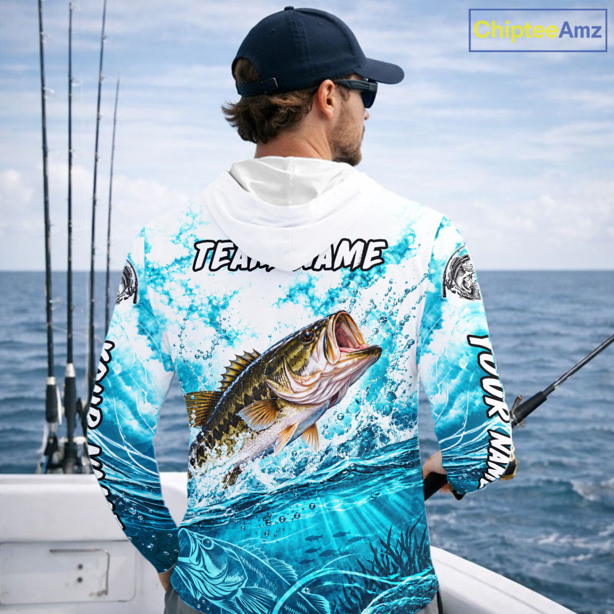 Turquoise Ocean Water Bass Hooded Fishing Shirt Custom Outdoor Sports Performance Jersey NHT1732