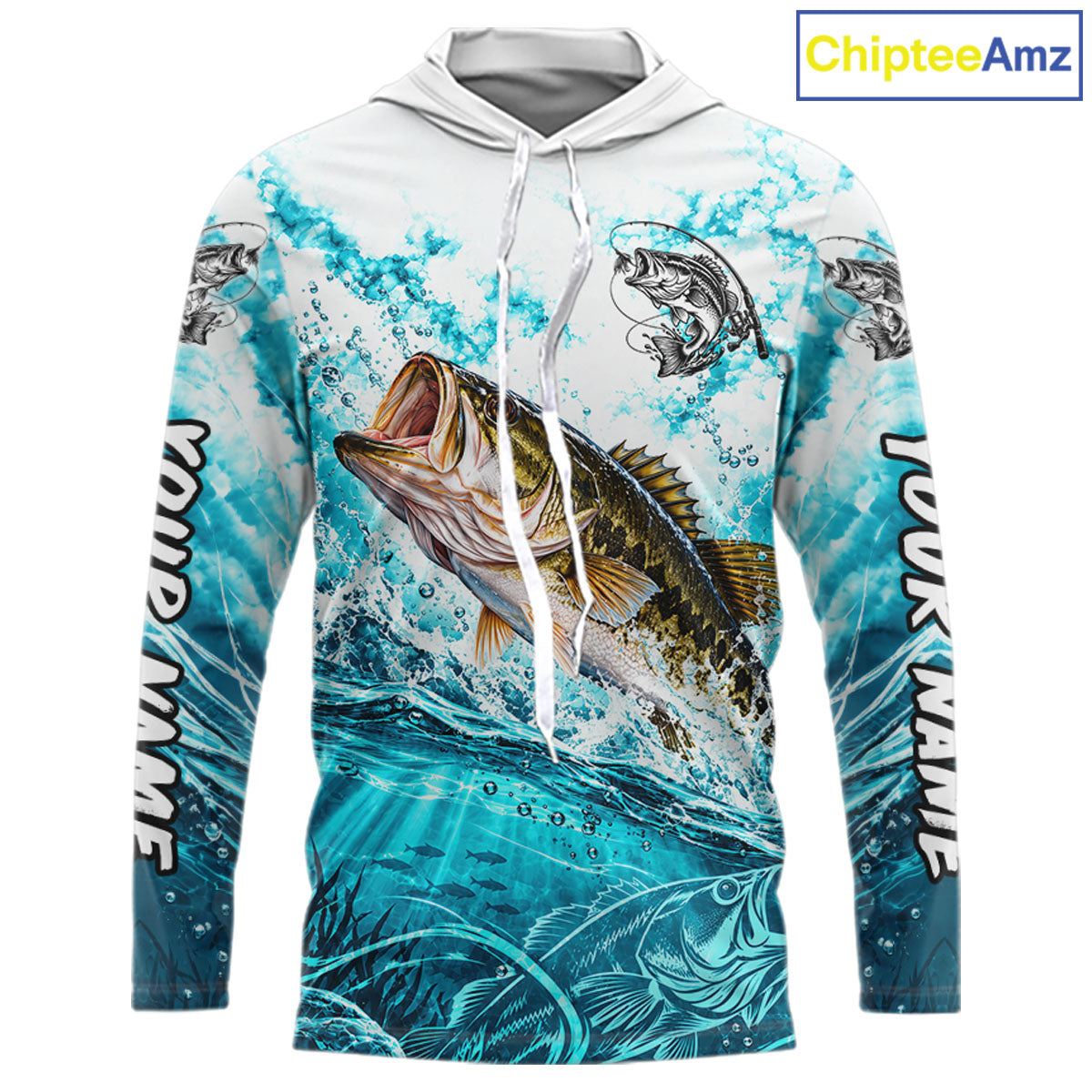 Turquoise Ocean Water Bass Hooded Fishing Shirt Custom Outdoor Sports Performance Jersey NHT1732