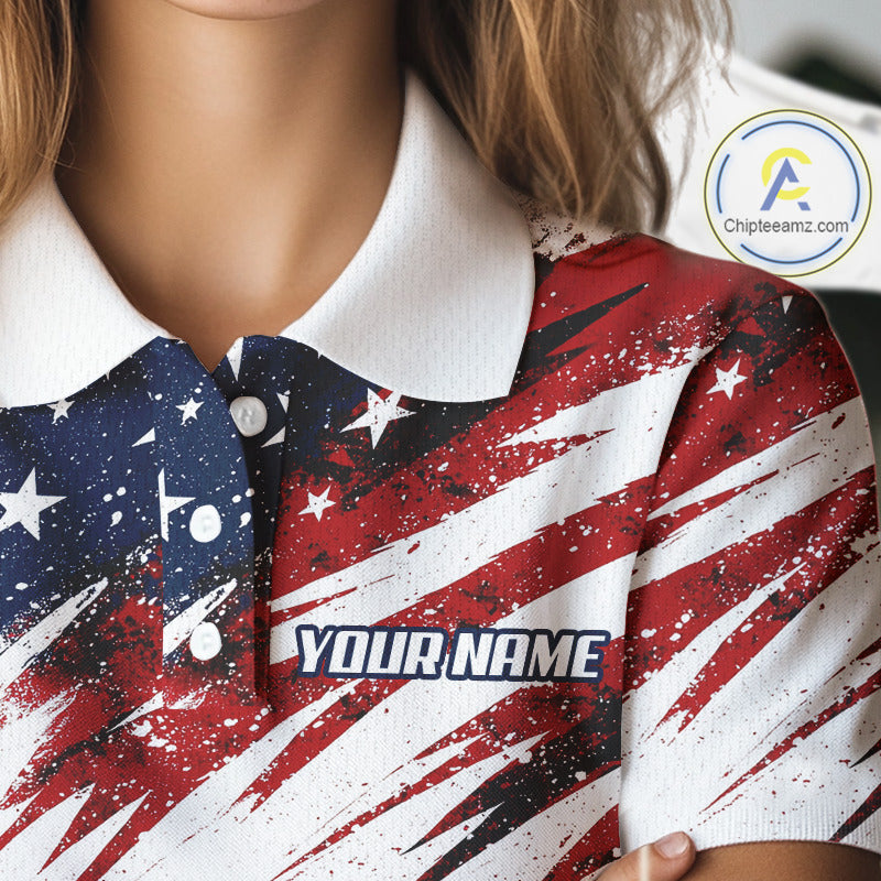 Patriotic Golf Polo Shirt – USA Flag Skull Flamingo Golfer Funny Golf Outfit For Womens NHT780