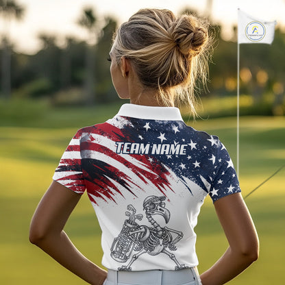 Patriotic Golf Polo Shirt – USA Flag Skull Flamingo Golfer Funny Golf Outfit For Womens NHT780