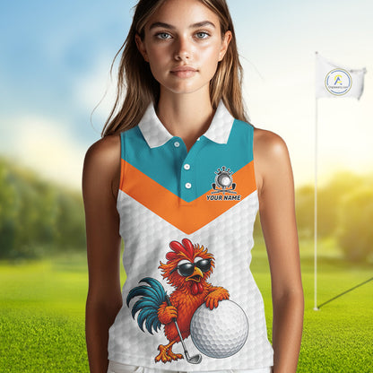 Personalized Cool Rooster With Sunglasses Womens Sleeveless Golf Polo - Custom Name Funny Chicken Golf Shirt NHT954