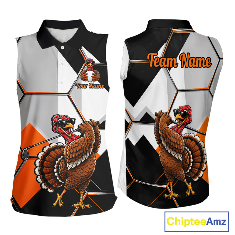 Personalized Thanksgiving Women Sleeveless Golf Shirt, Funny Team Golf Apparel, Custom Turkey Golf Polo Shirt NHT1410
