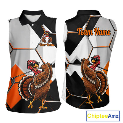 Personalized Thanksgiving Women Sleeveless Golf Shirt, Funny Team Golf Apparel, Custom Turkey Golf Polo Shirt NHT1410