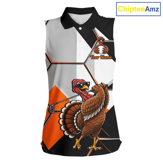 Personalized Thanksgiving Women Sleeveless Golf Shirt, Funny Team Golf Apparel, Custom Turkey Golf Polo Shirt NHT1410