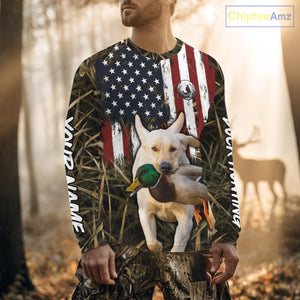 Mallard Duck Hunting Shirt Personalized Camo With Dog Yellow Lab US Flag Hunting Clothes NHT166