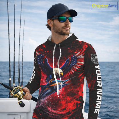 Patriotic Eagle Marlin Fishing Shirt Long Sleeve Hooded, Performance Fishing Shirt NHT428