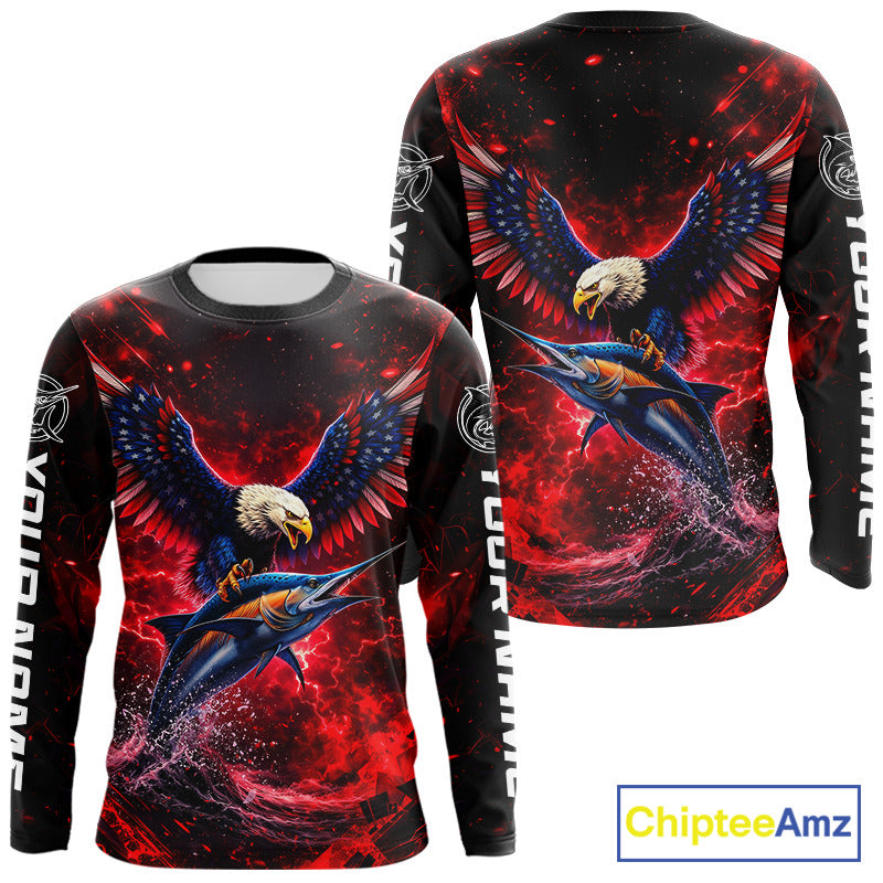 Patriotic Eagle Marlin Fishing Shirt Long Sleeve, Performance Fishing Shirt NHT428