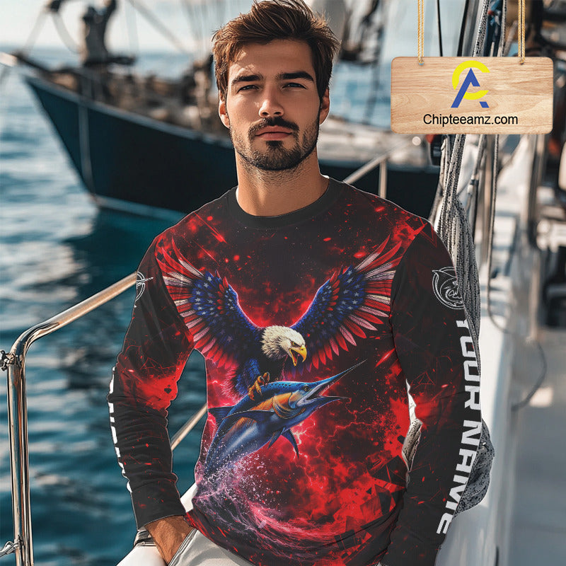 Patriotic Eagle Marlin Fishing Shirt Long Sleeve, Performance Fishing Shirt NHT428