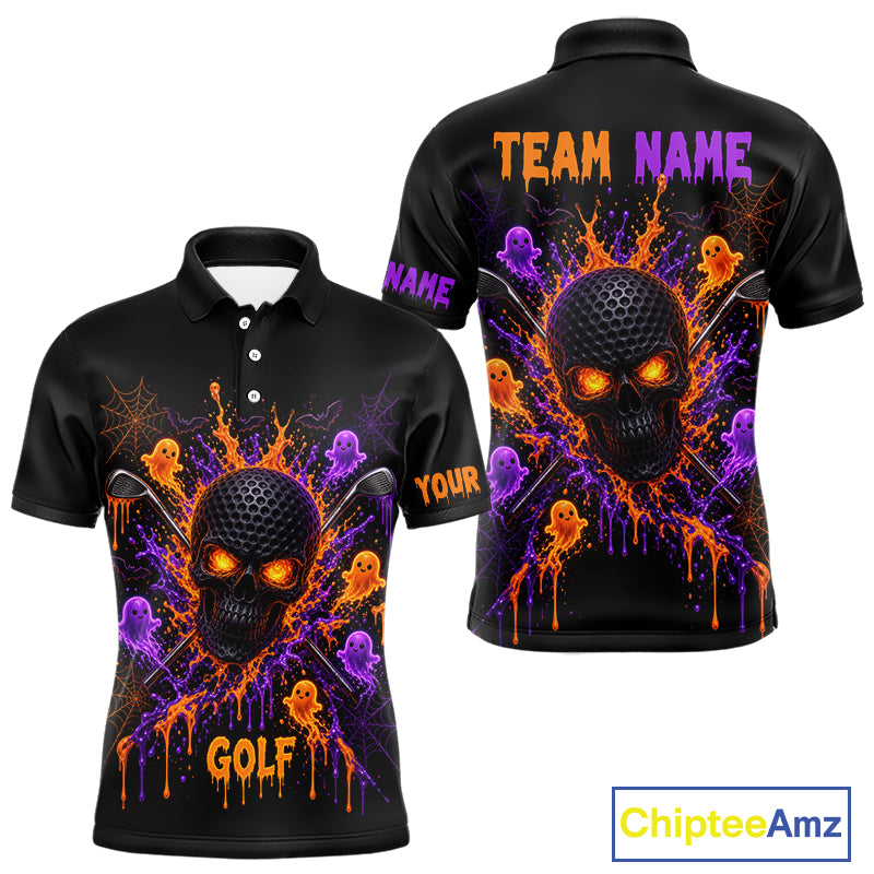 Personalized Spooky Halloween Men Golf Polo Shirt, Orange Purple Skull Dripping Slime Apparel NHT1435