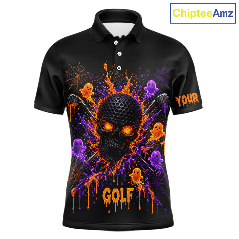 Personalized Spooky Halloween Men Golf Polo Shirt, Orange Purple Skull Dripping Slime Apparel NHT1435