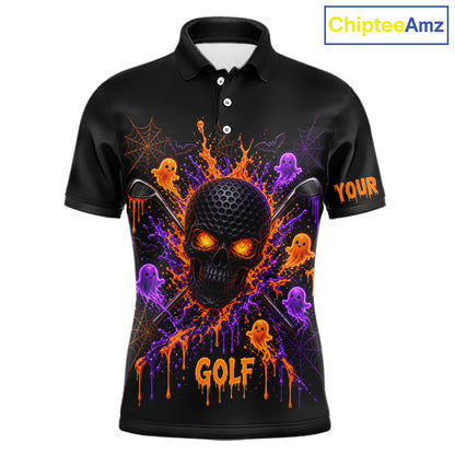 Personalized Spooky Halloween Men Golf Polo Shirt, Orange Purple Skull Dripping Slime Apparel NHT1435