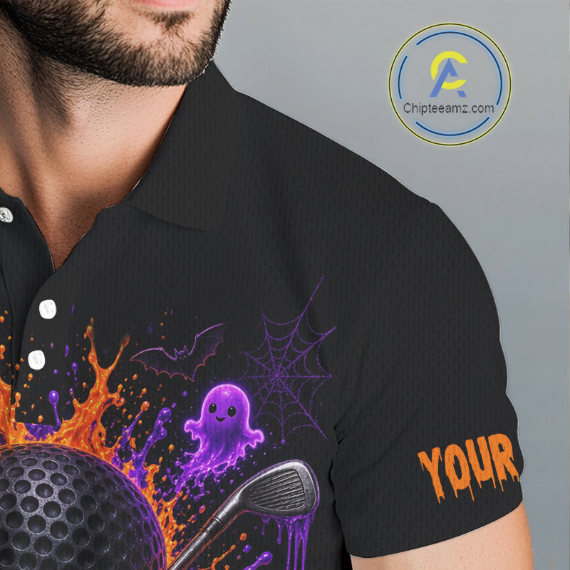 Personalized Spooky Halloween Men Golf Polo Shirt, Orange Purple Skull Dripping Slime Apparel NHT1435