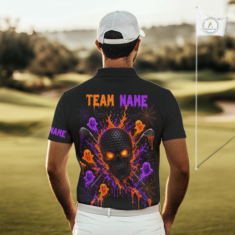Personalized Spooky Halloween Men Golf Polo Shirt, Orange Purple Skull Dripping Slime Apparel NHT1435