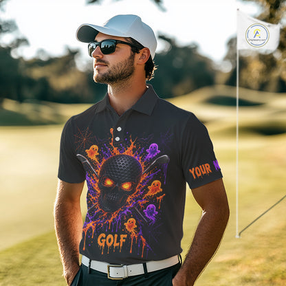 Personalized Spooky Halloween Men Golf Polo Shirt, Orange Purple Skull Dripping Slime Apparel NHT1435