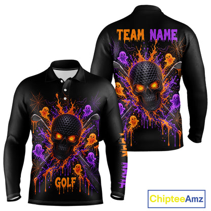 Personalized Spooky Halloween Men Golf Polo Shirt, Orange Purple Skull Dripping Slime Apparel NHT1435