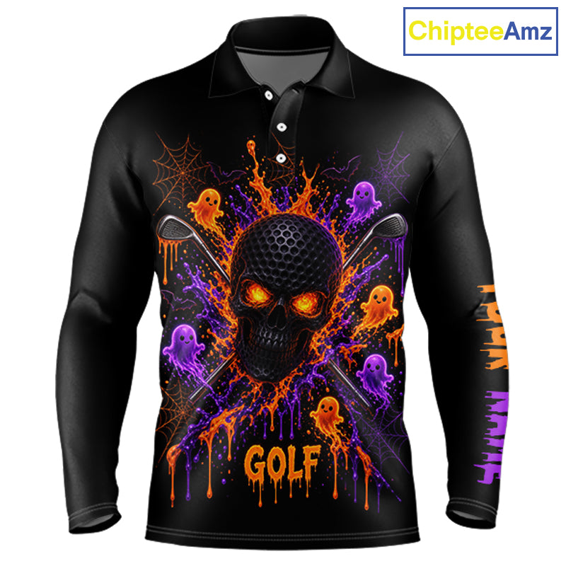 Personalized Spooky Halloween Men Golf Polo Shirt, Orange Purple Skull Dripping Slime Apparel NHT1435