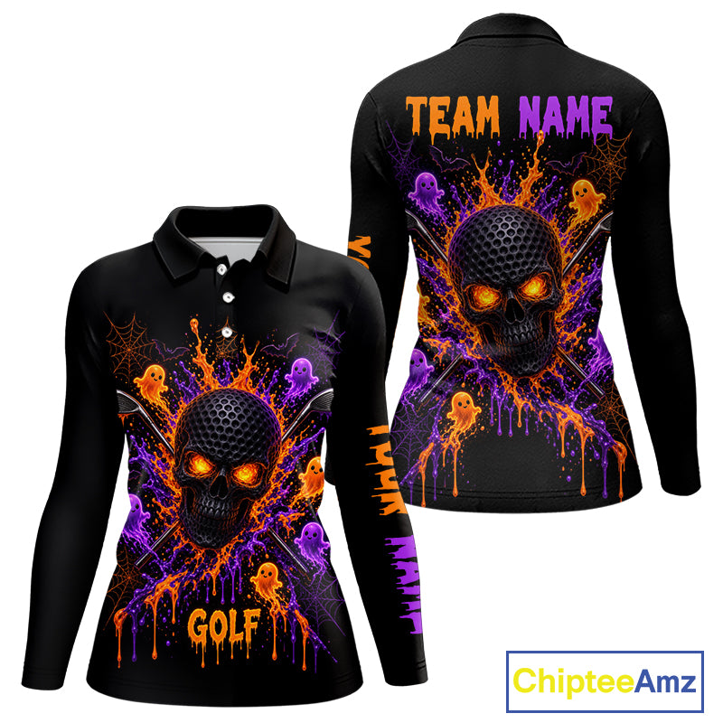 Personalized Spooky Halloween Women Golf Polo Shirt, Orange Purple Skull Dripping Slime Apparel NHT1435