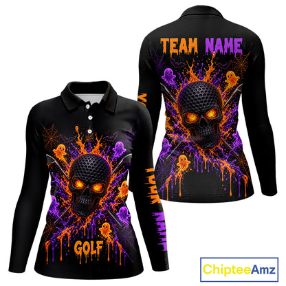 Personalized Spooky Halloween Women Golf Polo Shirt, Orange Purple Skull Dripping Slime Apparel NHT1435