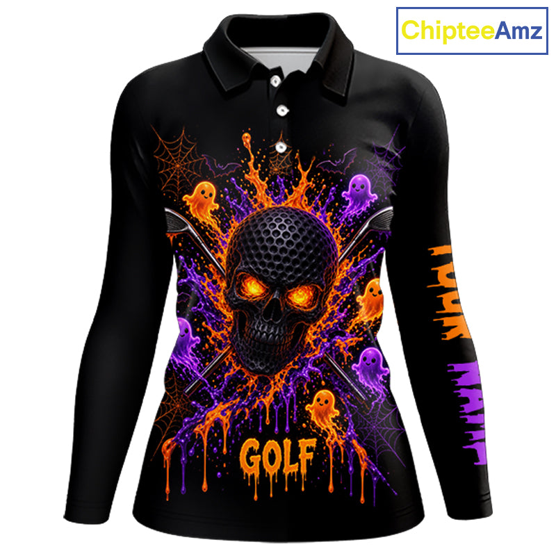 Personalized Spooky Halloween Women Golf Polo Shirt, Orange Purple Skull Dripping Slime Apparel NHT1435