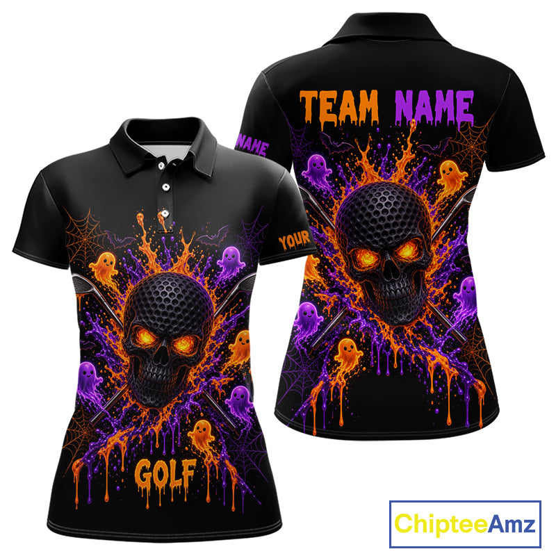 Personalized Spooky Halloween Women Golf Polo Shirt, Orange Purple Skull Dripping Slime Apparel NHT1435