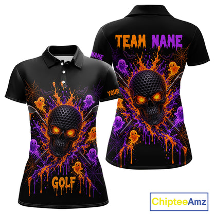 Personalized Spooky Halloween Women Golf Polo Shirt, Orange Purple Skull Dripping Slime Apparel NHT1435