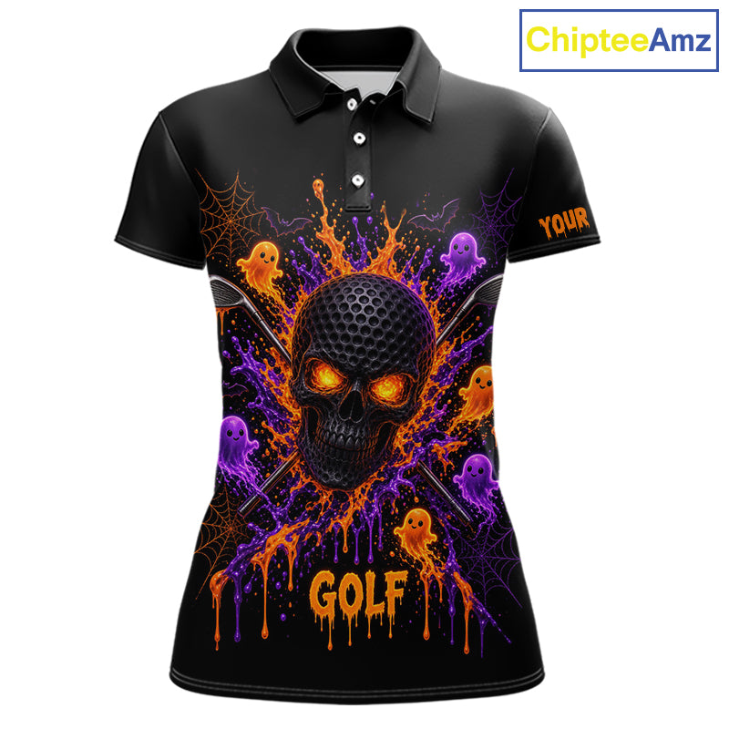 Personalized Spooky Halloween Women Golf Polo Shirt, Orange Purple Skull Dripping Slime Apparel NHT1435